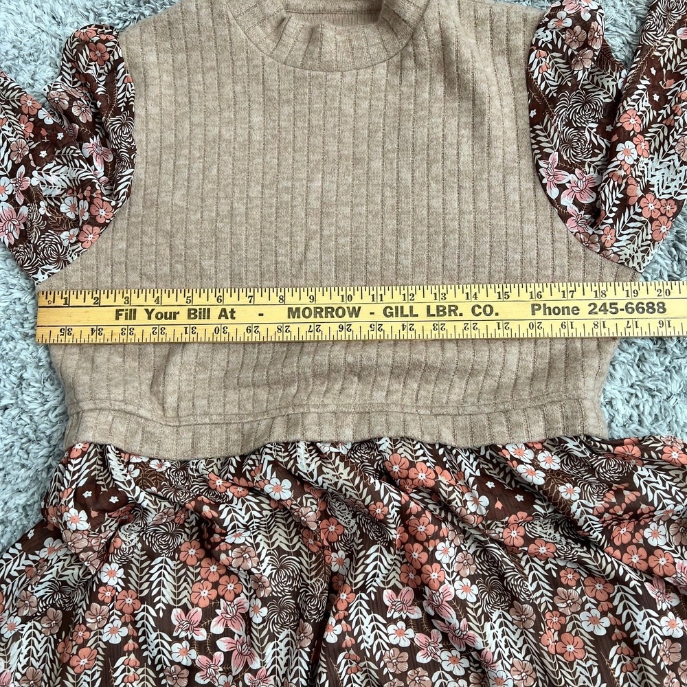 Cupshe Brown Retro Floral Mockneck XL Long Sleeve Mini Dress Cottagecore Prairie - Picture 14 of 15